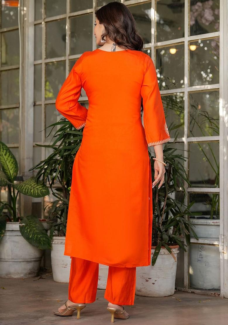Orange Ethnic Motifs Embroidery Silk Kurta Set