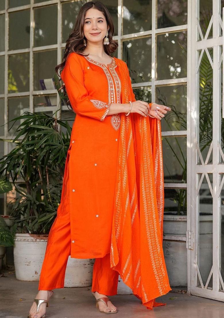 Orange Ethnic Motifs Embroidery Silk Kurta Set