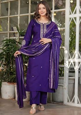 Purple Printed Silk Kurta Set