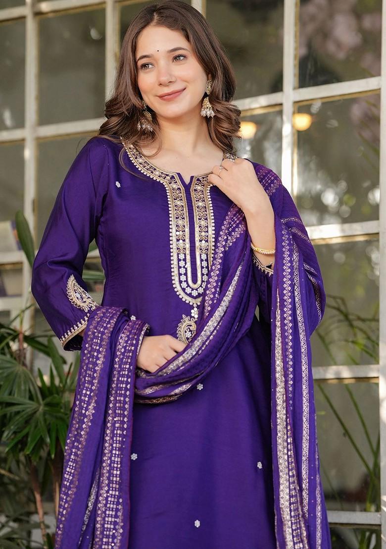 Purple Printed Silk Kurta Set