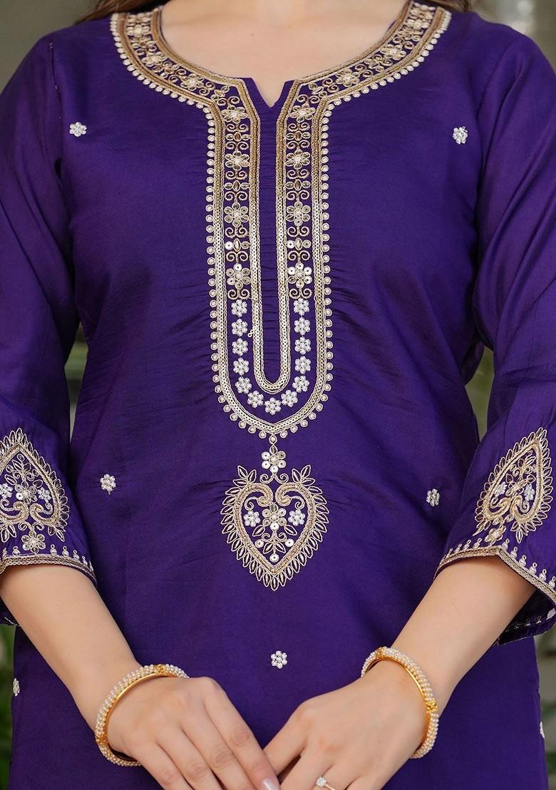 Purple Printed Silk Kurta Set