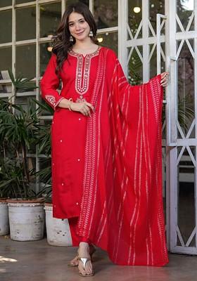 Red Ethnic Motifs Embroidery Silk Kurta Set