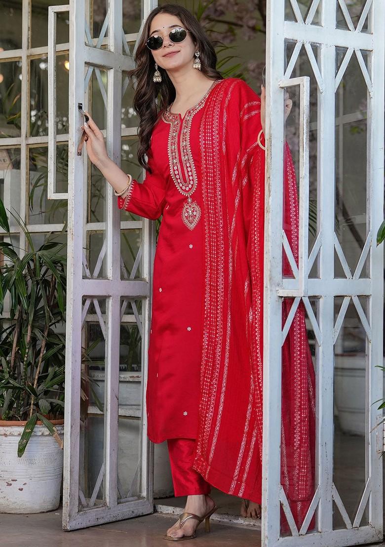 Red Ethnic Motifs Embroidery Silk Kurta Set