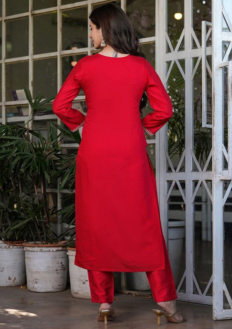Red Ethnic Motifs Embroidery Silk Kurta Set