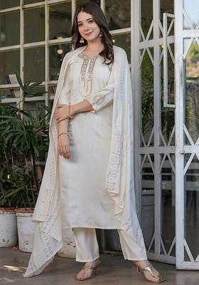 White Ethnic Motifs Embroidery Silk Kurta Set