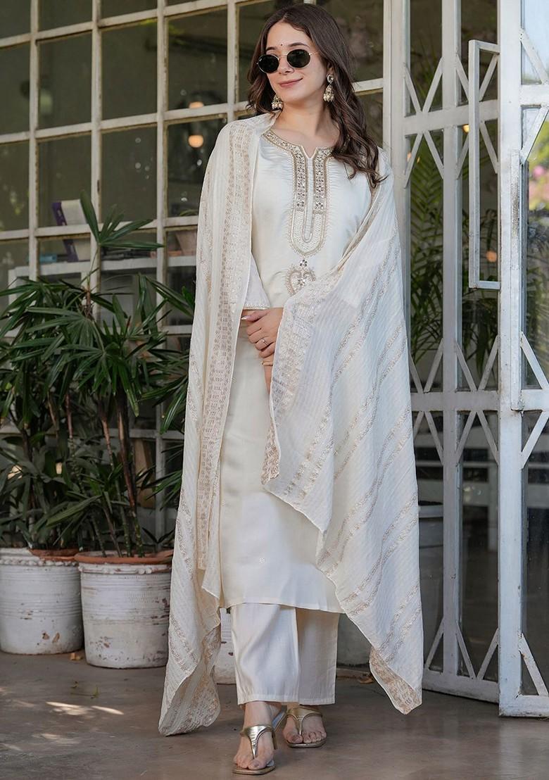 White Ethnic Motifs Embroidery Silk Kurta Set