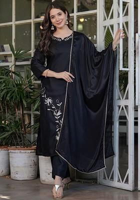 Black Floral Embroidered Poly Blend Kurta Set
