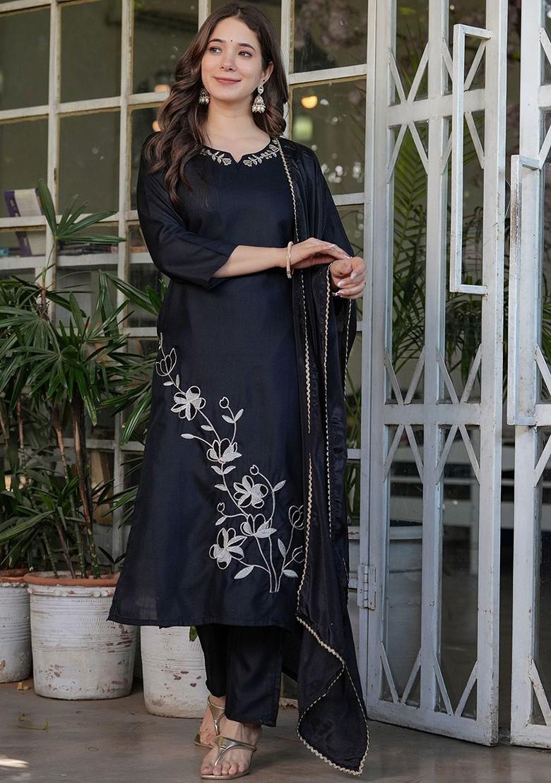Black Floral Embroidered Poly Blend Kurta Set