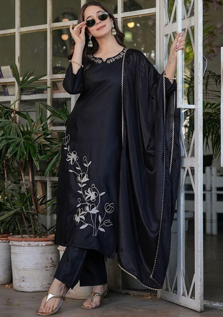 Black Floral Embroidered Poly Blend Kurta Set