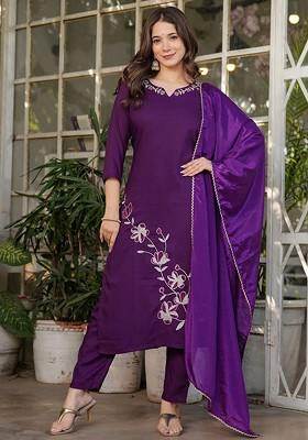 Purple Floral Embroidered Poly Blend Kurta Set