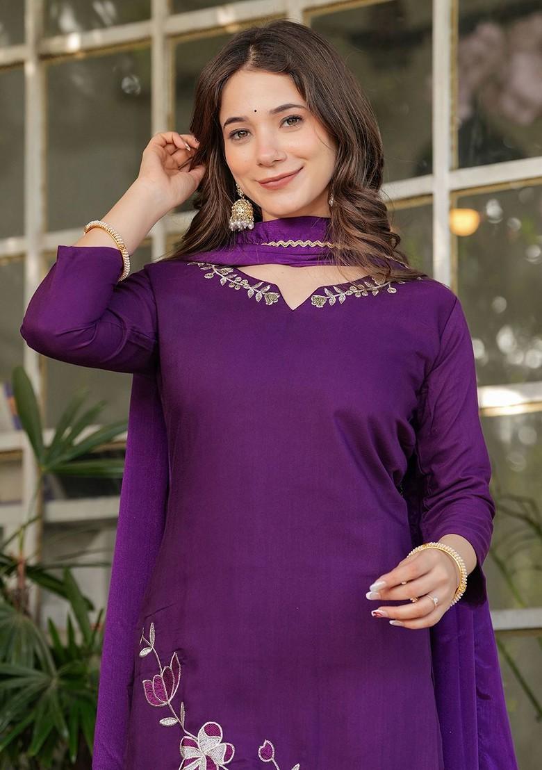 Purple Floral Embroidered Poly Blend Kurta Set