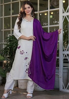 White Floral Embroidered Poly Blend Kurta Set