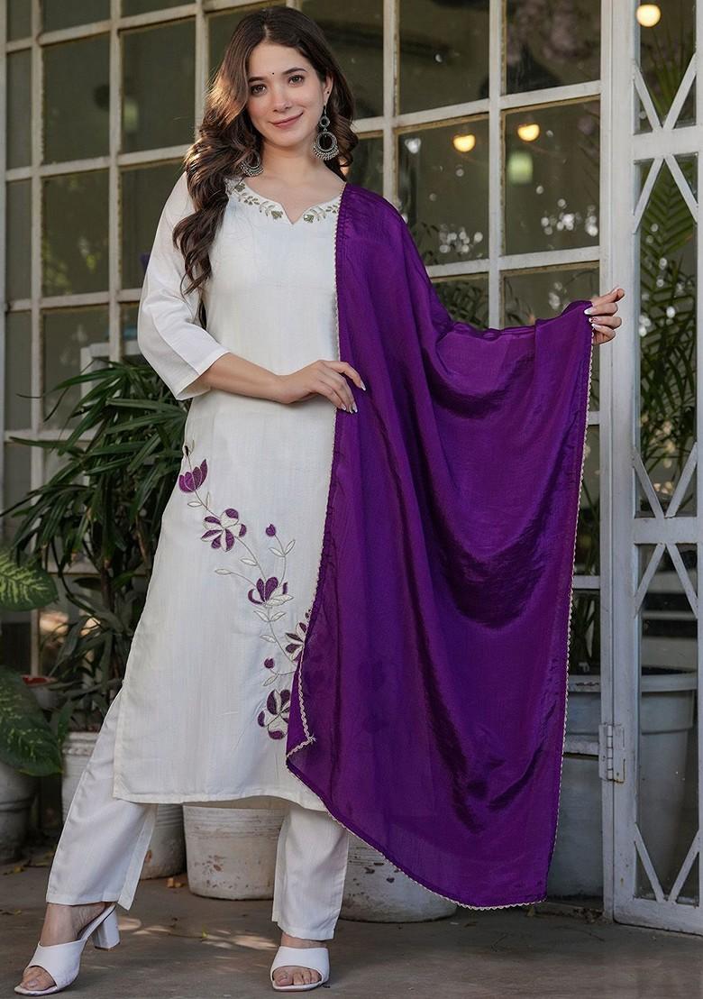 White Floral Embroidered Poly Blend Kurta Set