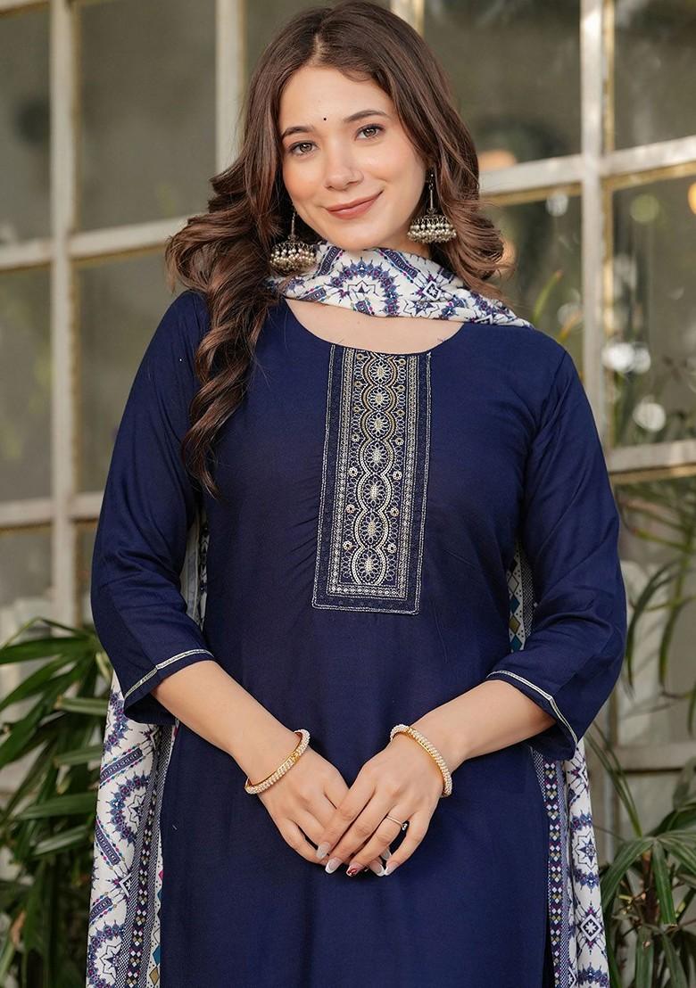 Blue Printed Poly Blend Kurta Set