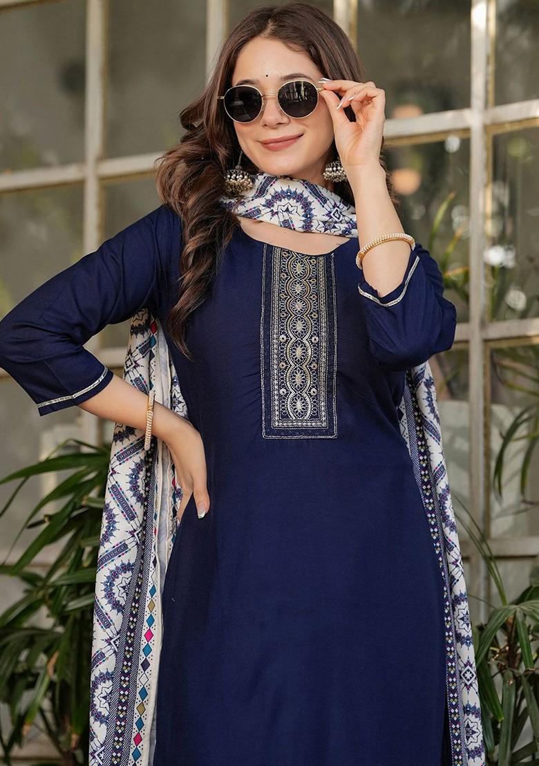 Blue Printed Poly Blend Kurta Set