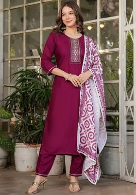 Maroon Ethnic Motifs Embroidery Poly Blend Kurta Set