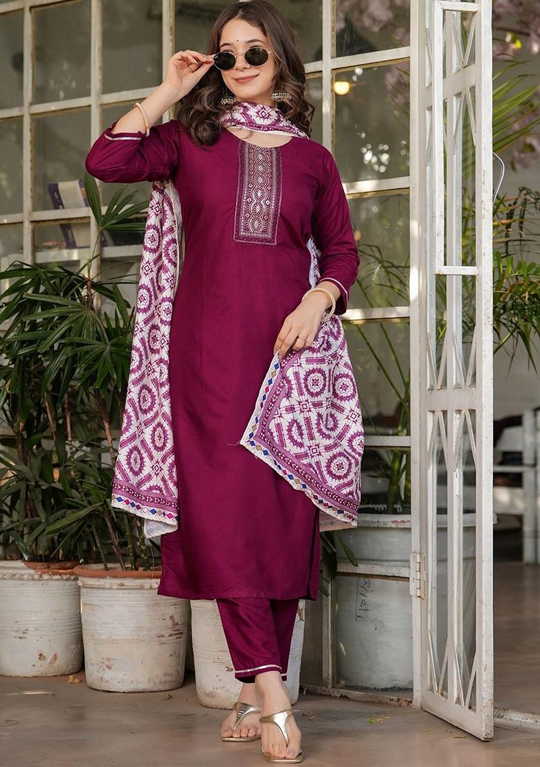 Maroon Ethnic Motifs Embroidery Poly Blend Kurta Set