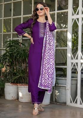 Purple Ethnic Motifs Embroidery Poly Blend Kurta Set