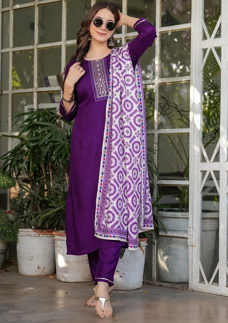 Purple Ethnic Motifs Embroidery Poly Blend Kurta Set