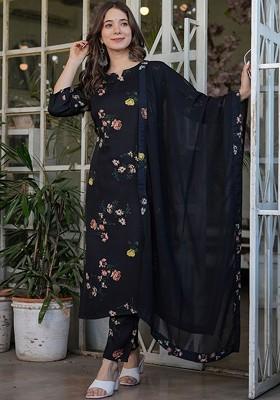 Black Floral Embroidered Poly Blend Kurta Set