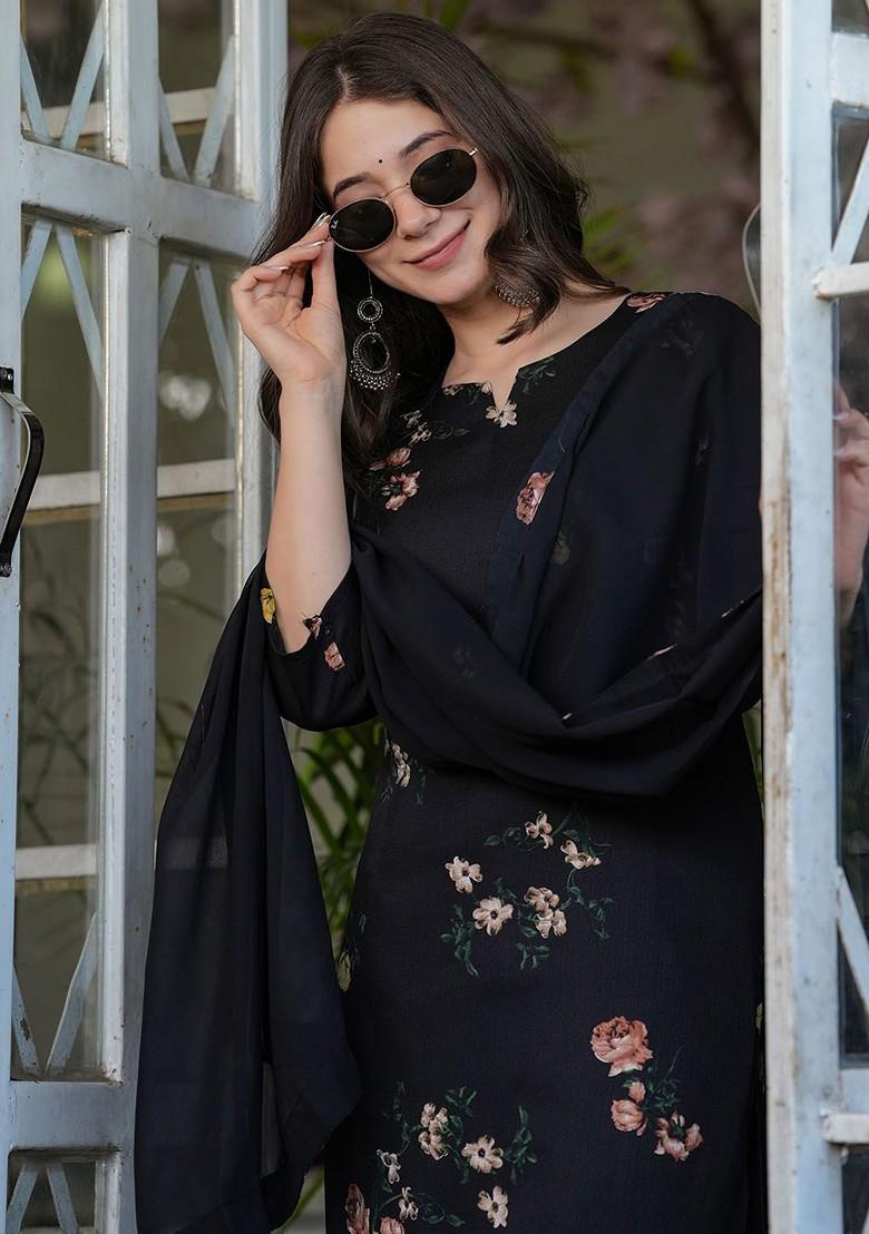 Black Floral Embroidered Poly Blend Kurta Set
