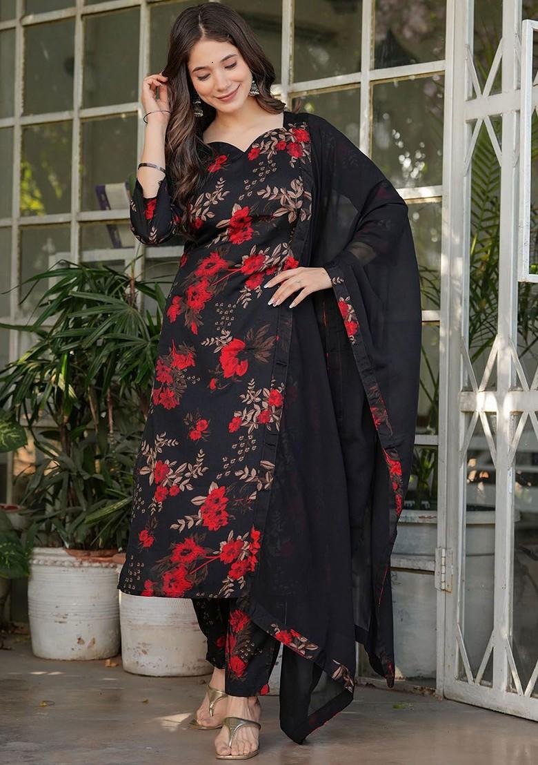 Black Floral Embroidered Poly Blend Kurta Set