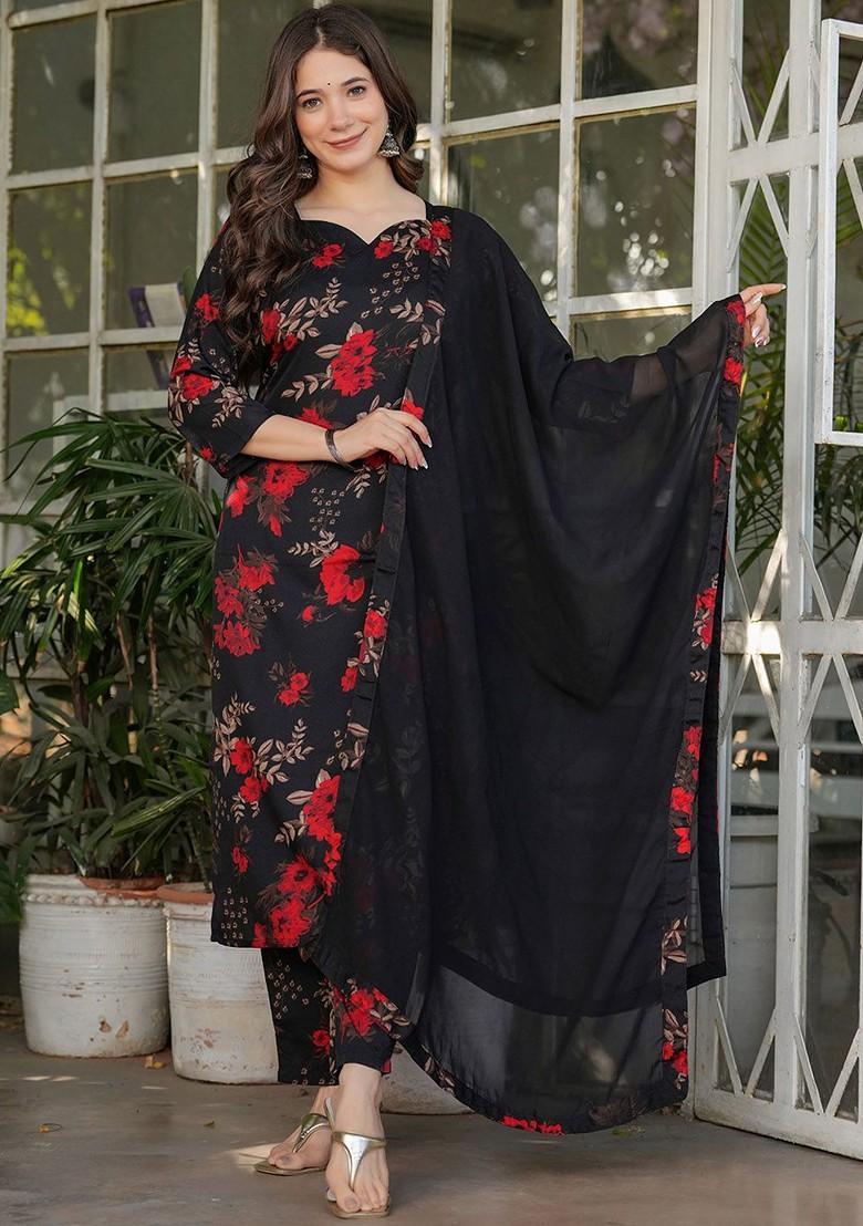 Black Floral Embroidered Poly Blend Kurta Set