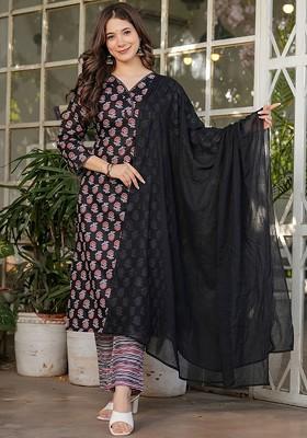 Black Ethnic Motifs Embroidery Cotton Kurta Set