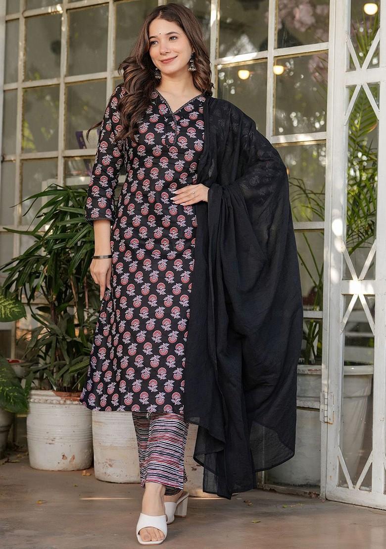 Black Ethnic Motifs Embroidery Cotton Kurta Set