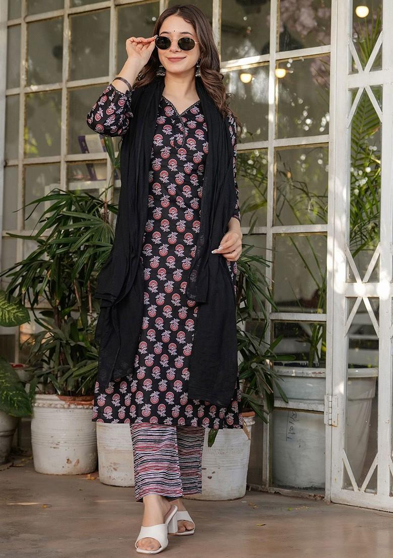 Black Ethnic Motifs Embroidery Cotton Kurta Set