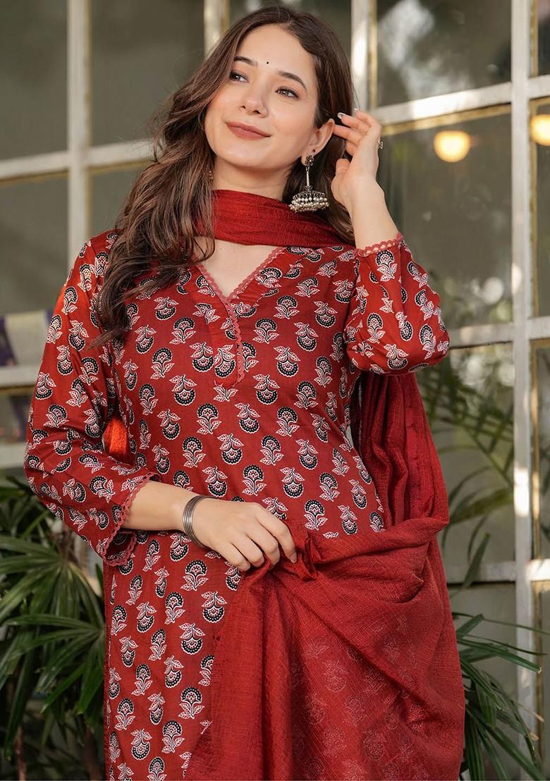 Red Ethnic Motifs Embroidery Cotton Kurta Set