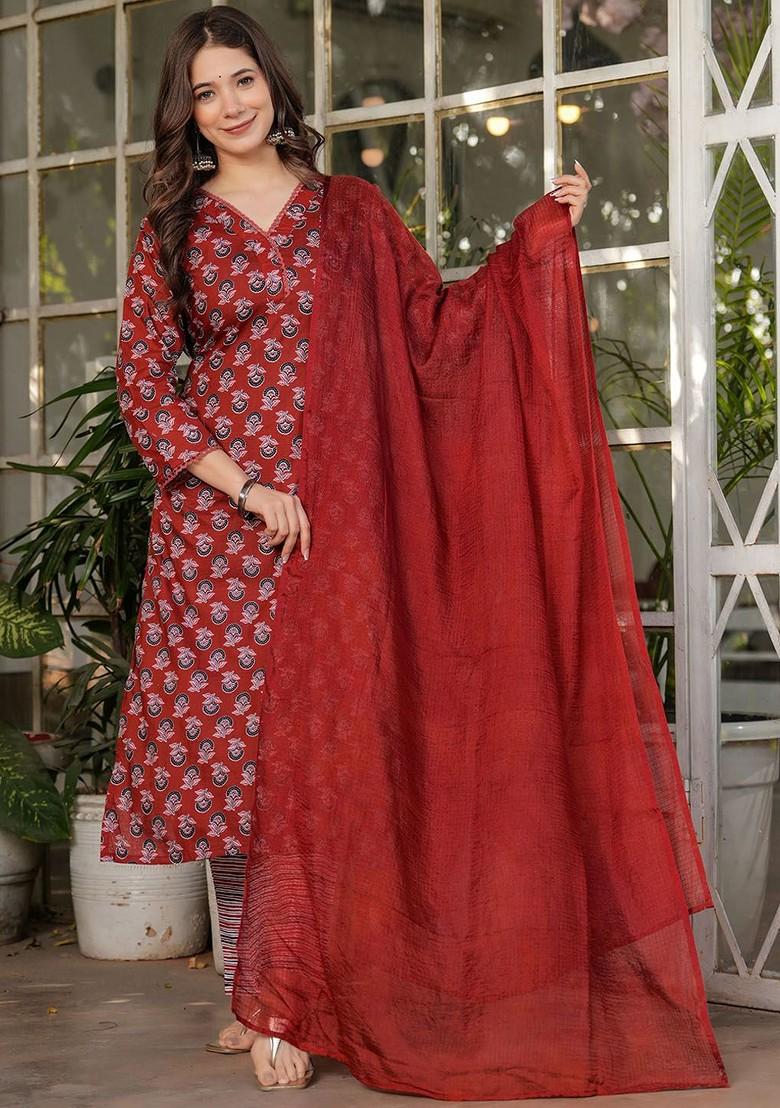 Red Ethnic Motifs Embroidery Cotton Kurta Set