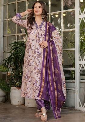 Purple Floral Embroidered Cotton Kurta Set