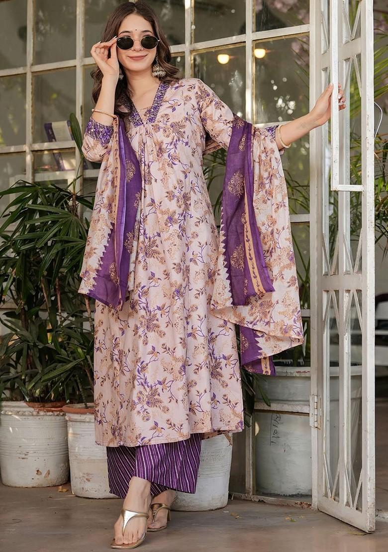 Purple Floral Embroidered Cotton Kurta Set