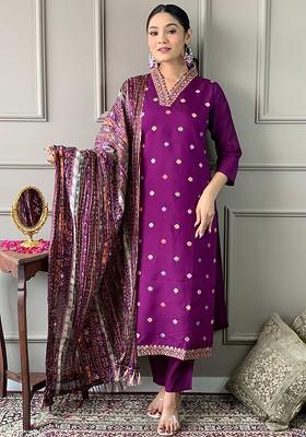 Purple Printed Poly Blend Kurta Set
