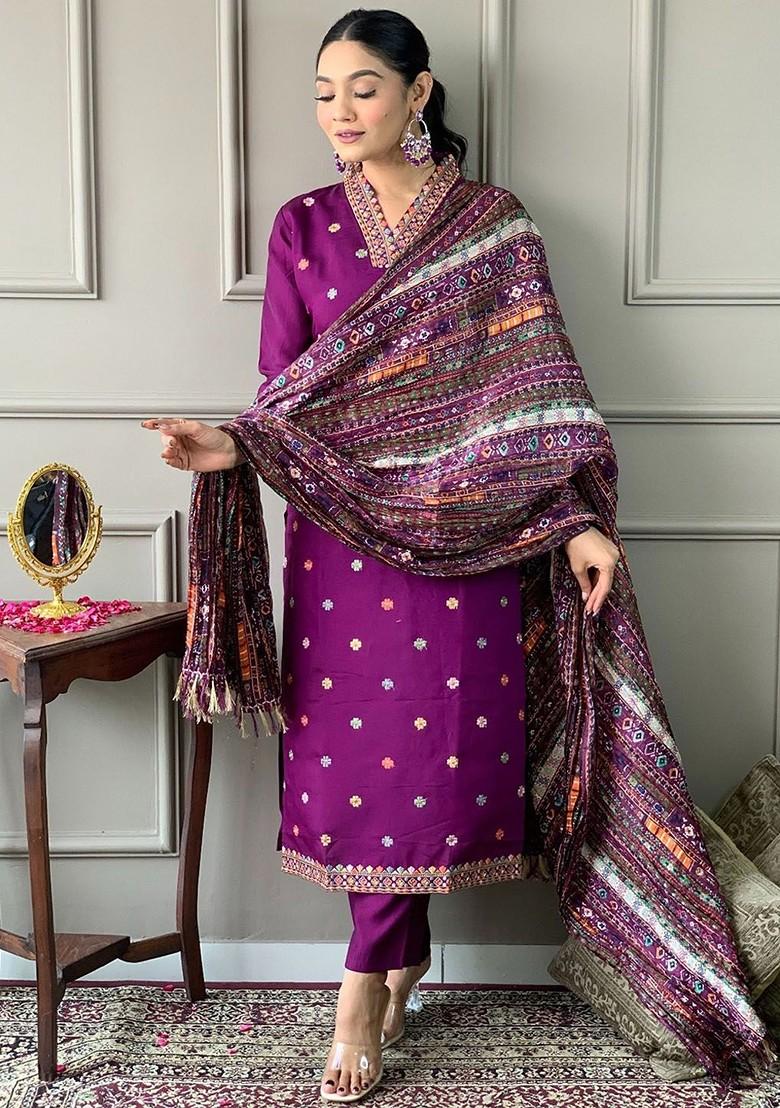 Purple Printed Poly Blend Kurta Set