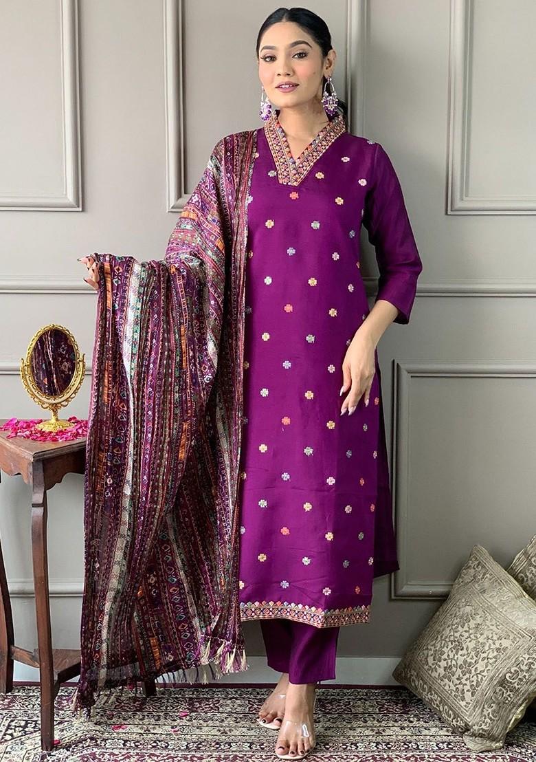 Purple Printed Poly Blend Kurta Set