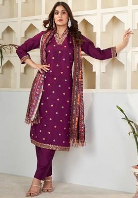 Purple Floral Embroidered Poly Blend Kurta Set