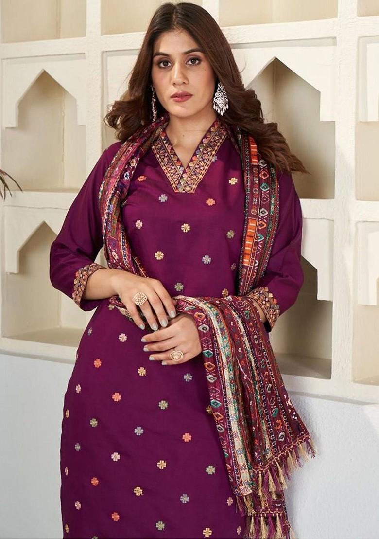 Purple Floral Embroidered Poly Blend Kurta Set