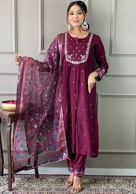 Purple Ethnic Motifs Embroidery Poly Blend Kurta Set
