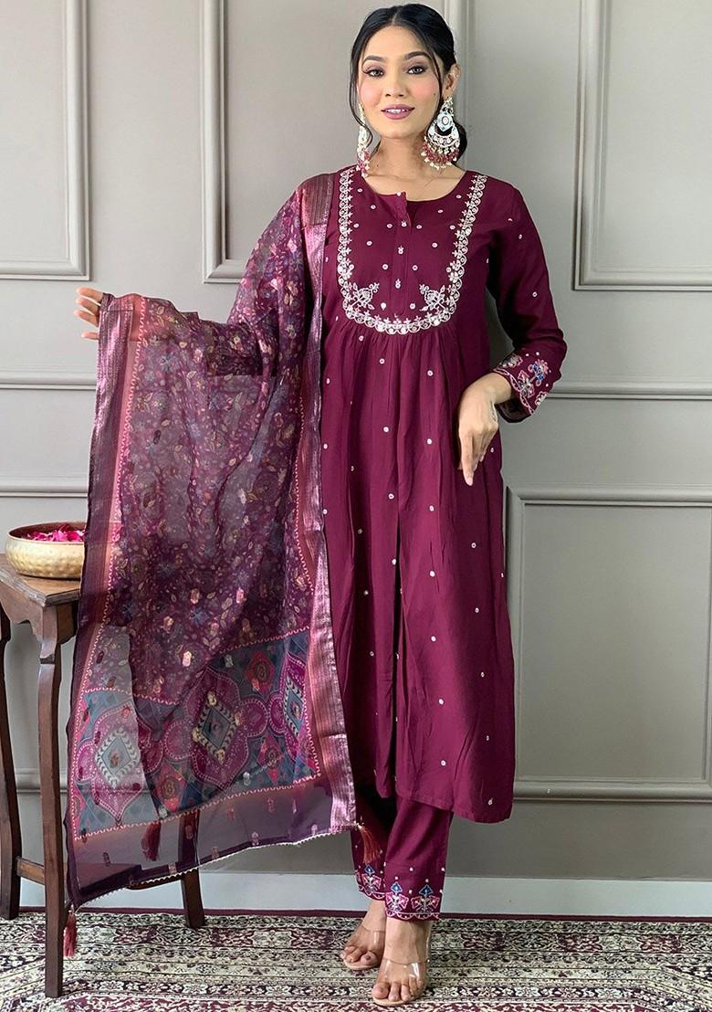 Purple Ethnic Motifs Embroidery Poly Blend Kurta Set