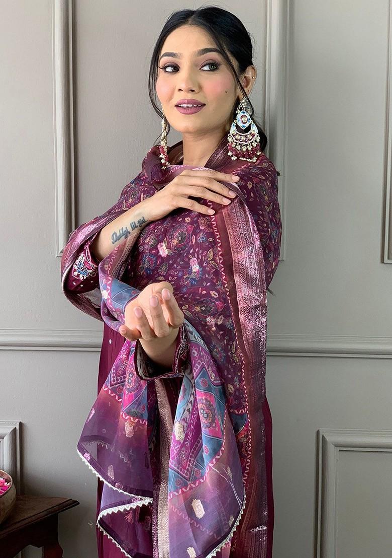 Purple Ethnic Motifs Embroidery Poly Blend Kurta Set