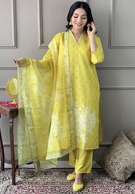Lime Green Floral Embroidered Poly Blend Kurta Set