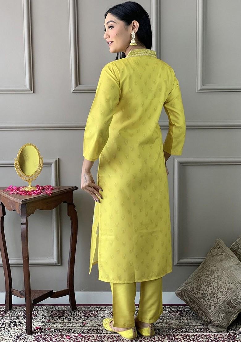 Lime Green Floral Embroidered Poly Blend Kurta Set
