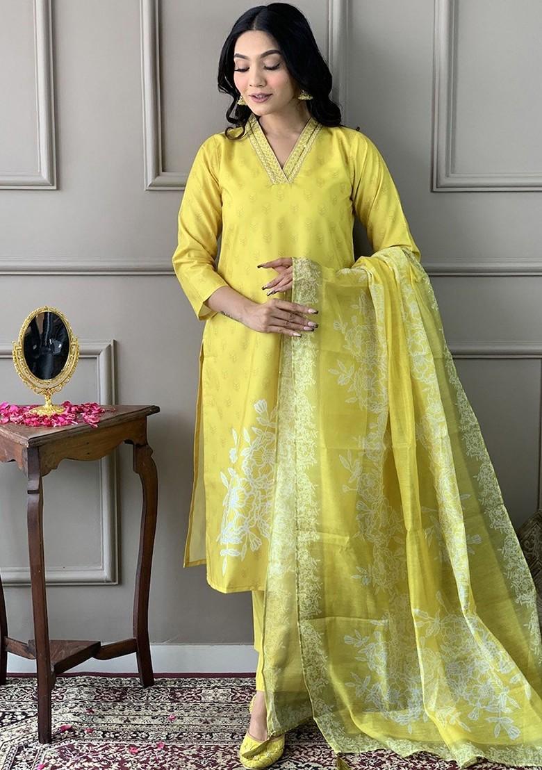 Lime Green Floral Embroidered Poly Blend Kurta Set