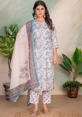 Grey Floral Embroidered Poly Blend Kurta Set
