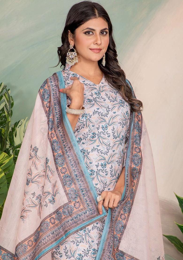 Grey Floral Embroidered Poly Blend Kurta Set