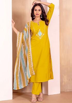 Yellow Printed Poly Blend Kurta Set