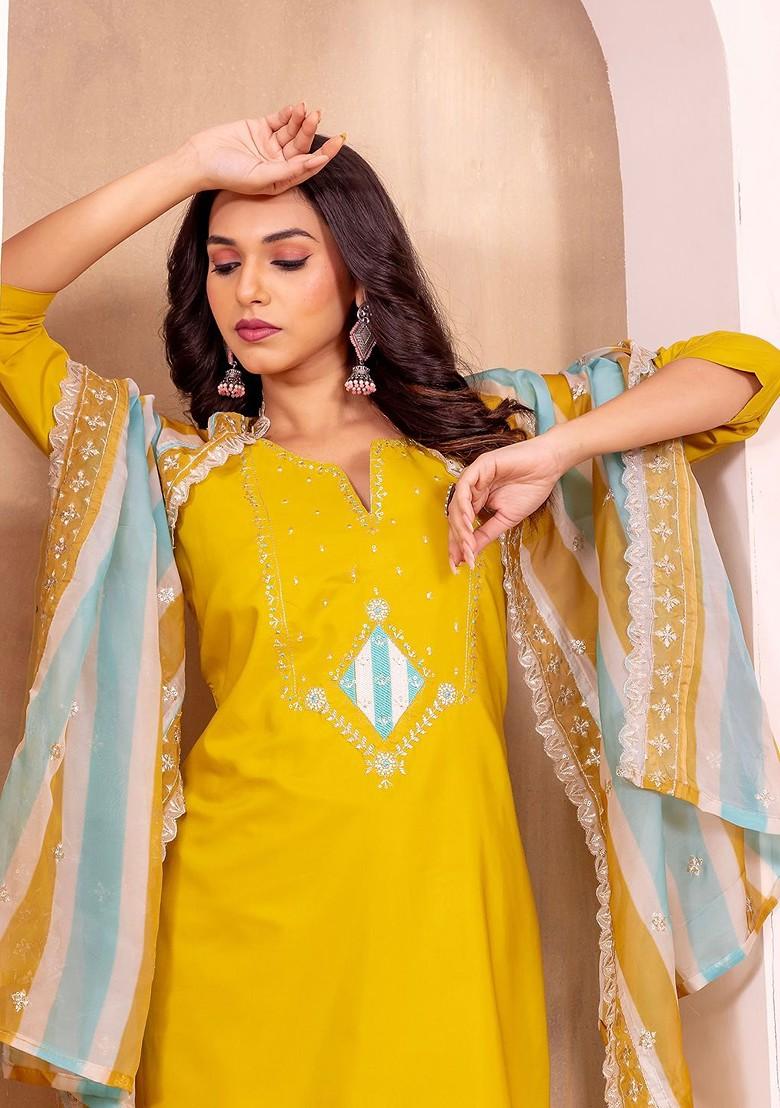 Yellow Printed Poly Blend Kurta Set