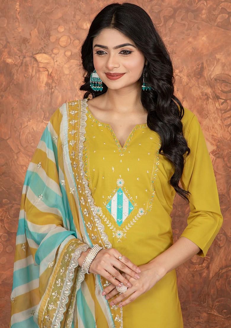 Yellow Printed Poly Blend Kurta Set